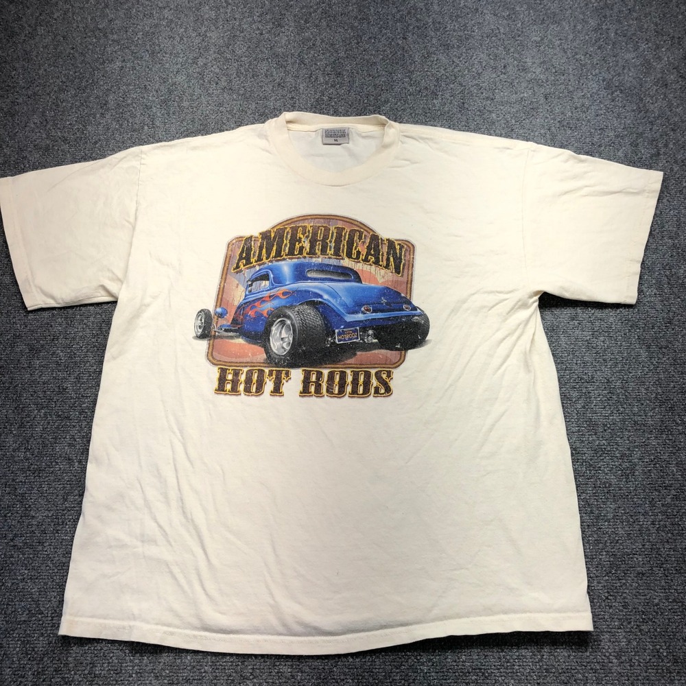 National Heritage American Hot Rods Graphic T-Shirt XL Cream Blue Car Vintage